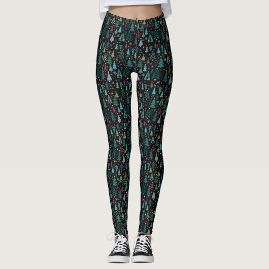 Zwart Schattige Kerstboom Print Leggings (Voorkant)