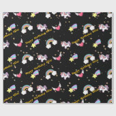 Zwart Schattige Regenboog Eenhoorn Star Magical Cadeaupapier (Vlak)