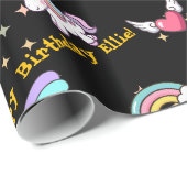 Zwart Schattige Regenboog Eenhoorn Star Magical Cadeaupapier (Rol Hoek)