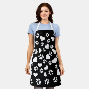 Zwart Schort met White Paw Prints & Heart Pattern