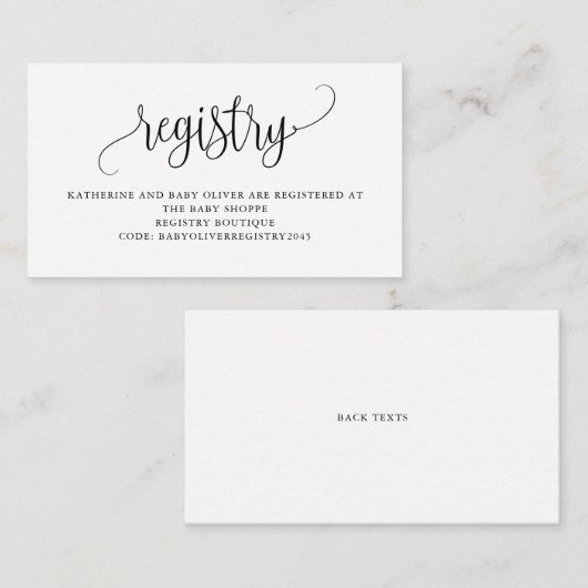Zwart Script Baby shower Registry Informatiekaartje (Voorkant / Achterkant)