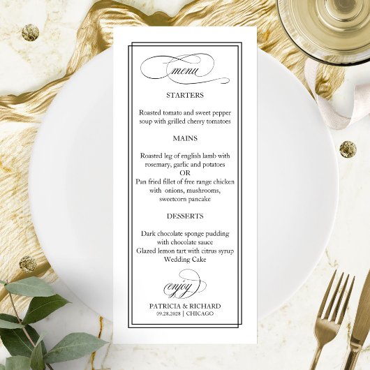 Zwart Script Elegant 4x9 Bruiloft Menu
