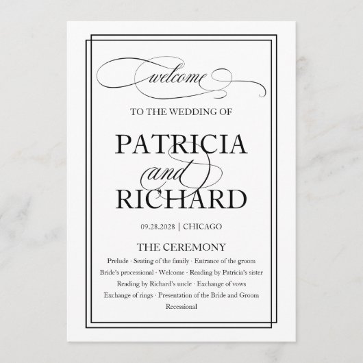 Zwart Script Elegant Huwelijksceremonie Programma (Voorkant)