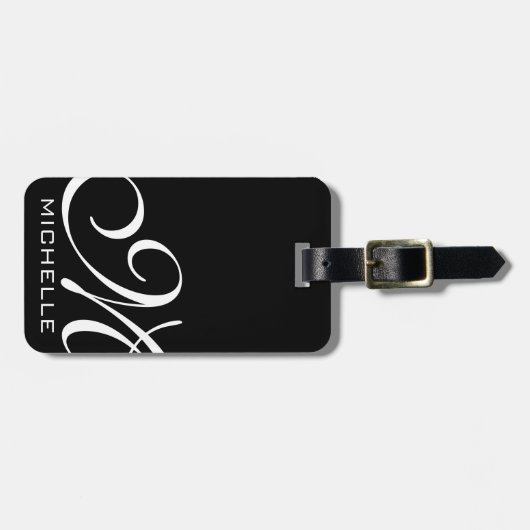 Zwart script monogramed bagagelabel (Voorkant horizontaal)