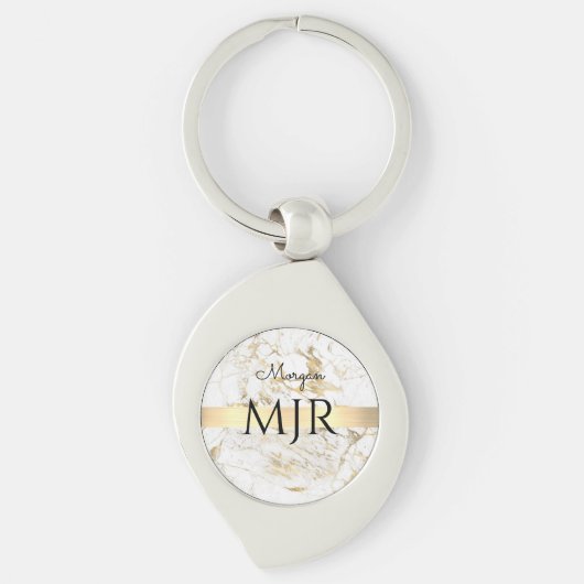Zwart Script Naam LG Monogram, Wit & Goud Marmer Sleutelhanger (Voorkant)