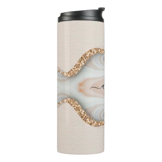 Zwart Script Naam op Marmer & Goud Glitter 2 Thermosbeker (Gedraaid links)