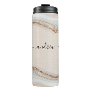 Zwart Script Naam op Marmer & Gouden Glitter Thermosbeker
