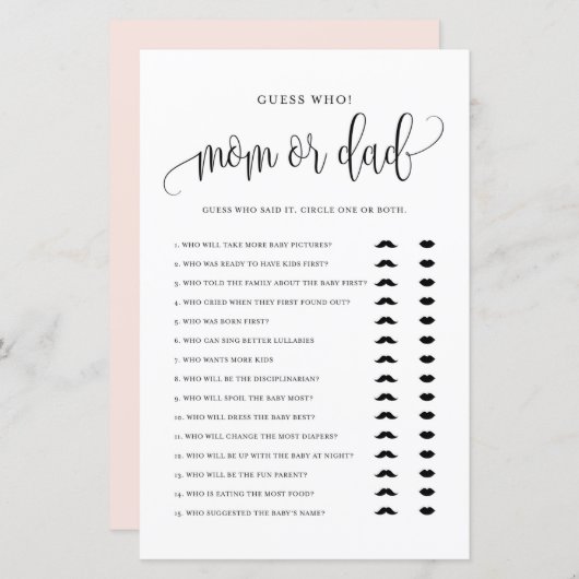 Zwart script raad wie Baby shower van mama of papa (Voorkant / Achterkant)