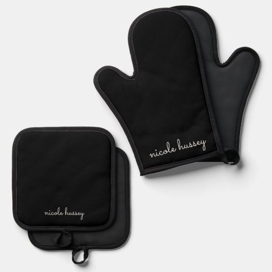 Zwart script | Stijlvol Monogram Modern Ovenwant & Pannenlap Set (Voorkant / Achterkant)
