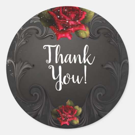 Zwart sierrood rozen bruiloft gunst ronde sticker (Voorkant)
