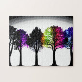 Zwart Silhouet Bomen met Gekleurd Bladgroen Legpuzzel (Horizontaal)