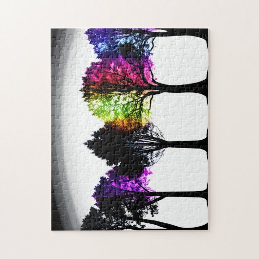 Zwart Silhouet Bomen met Gekleurd Bladgroen Legpuzzel (Verticaal)