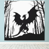 Zwart Silhouet Draak op Wit - Fantasy | Canvas Afdruk (Insitu (Houten vloer))