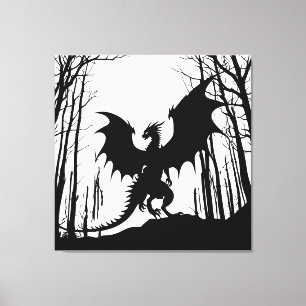 Zwart Silhouet Draak op Wit - Fantasy   Canvas Afdruk
