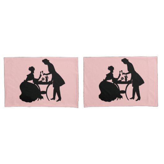 Zwart silhouet op roze romantisch paar wijn kussensloop (Voorkant-Set)