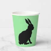 Zwart silhouet zittend konijntje hoge oren op groe papieren bekers (Achterkant)