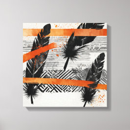 Zwart Sinaasappel Abstract Veer Waterverf muurkuns Canvas Afdruk