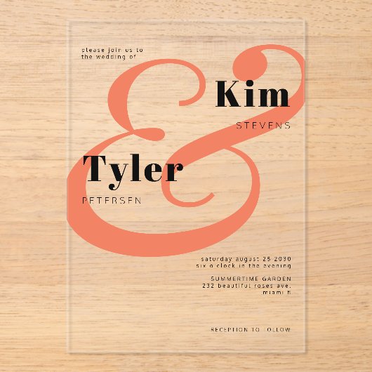 Zwart sinaasappel bruid en bruidegom namen bruilof acryl uitnodigingen (Voorkant)