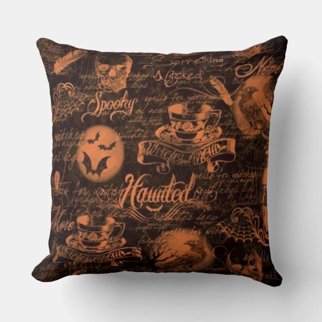Zwart & Sinaasappel Haunted Halloween Sierkussen (Voorkant)