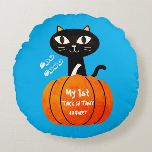 Zwart Sinaasappel Kat Pompoen Trick or treat Hallo Rond Kussen