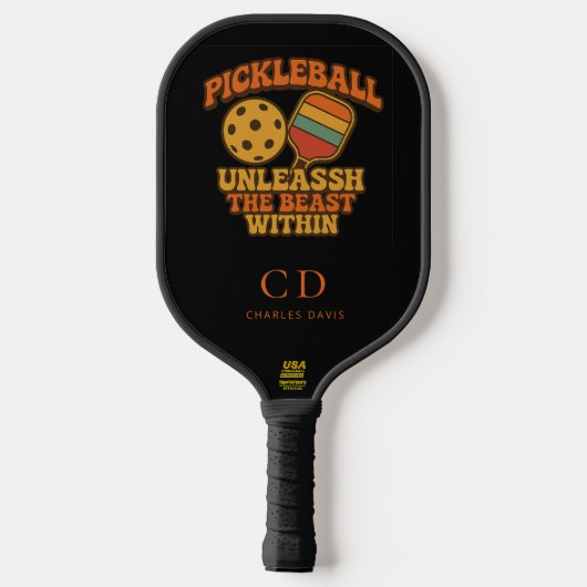 Zwart sinaasappel leuke quote retro monogram pickleball paddle (Achterkant)