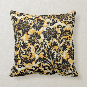Zwart Sinaasappel & Wit Bloemen Damasks Kussen