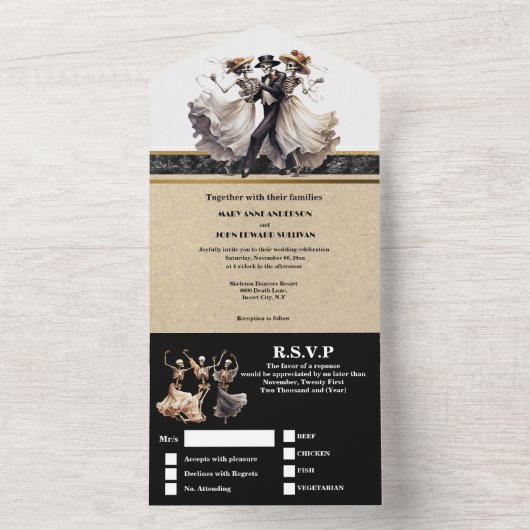 Zwart skelet bruid bruidegom gothic bruiloft all in one uitnodiging (Binnen)