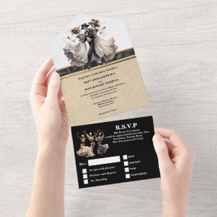 Zwart skelet bruid bruidegom gothic bruiloft all in one uitnodiging