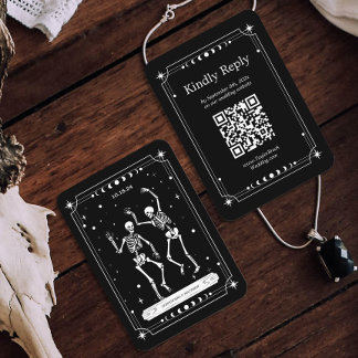Zwart Skelet Halloween Bruiloft RSVP QR Code Informatiekaartje