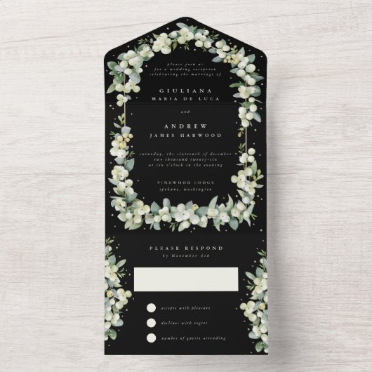 Zwart Snowberry + Eucalyptus bruiloft alleen recep All In One Uitnodiging (Binnen)