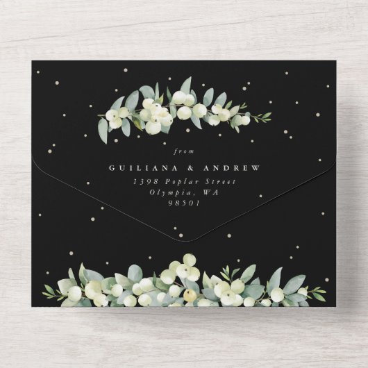 Zwart Snowberry + Eucalyptus bruiloft alleen recep All In One Uitnodiging (Achterkant)