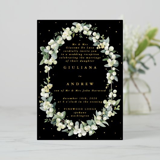 Zwart Snowberry + Eucalyptus bruiloft alleen recep Folie Uitnodiging (Staand Voorkant)