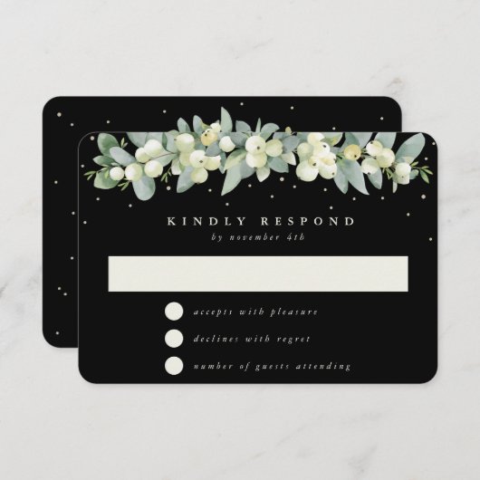 Zwart Snowberry + Eucalyptus Garland bruiloft RSVP Kaartje (Voorkant / Achterkant)