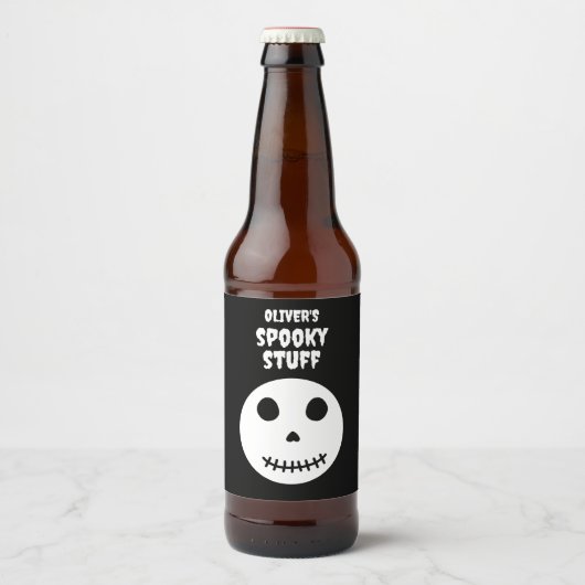 Zwart Spooky Creepy Stuff Halloween Skull Bier Etiket (Voorkant)