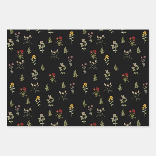 Zwart  Spring Wildflower Pattern Inpakpapier Vel (Voorkant)