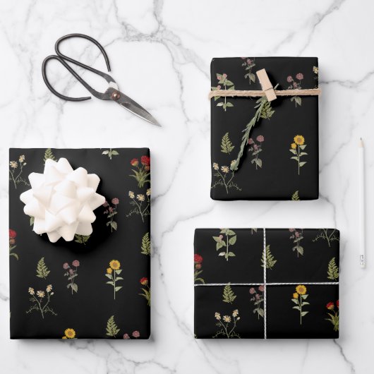 Zwart  Spring Wildflower Pattern Inpakpapier Vel (Voorkant)