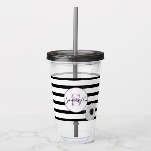 Zwart streep en Anemone Monogrammed Personalized Acryl Drinkbeker (Voorkant)