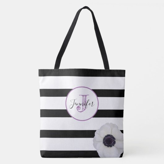 Zwart streep en Anemone Monogrammed Personalized Draagtas (Voorkant)