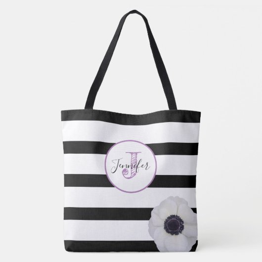 Zwart streep en Anemone Monogrammed Personalized Draagtas (Achterkant)