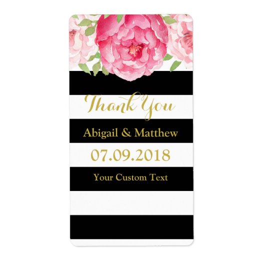 Zwart Streep Roze Waterverf Bloemen Bruiloft Label (Voorkant)