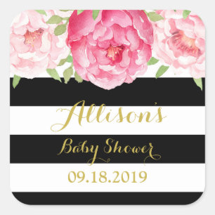 Zwart Strepen Roze Bloemen Baby shower Favor Tag