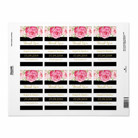 Zwart Strepen Roze Bloemen Bruiloft Labels (Full Sheet)