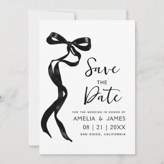 Zwart strikje lint Save the date bruiloft Kaart (Voorkant)