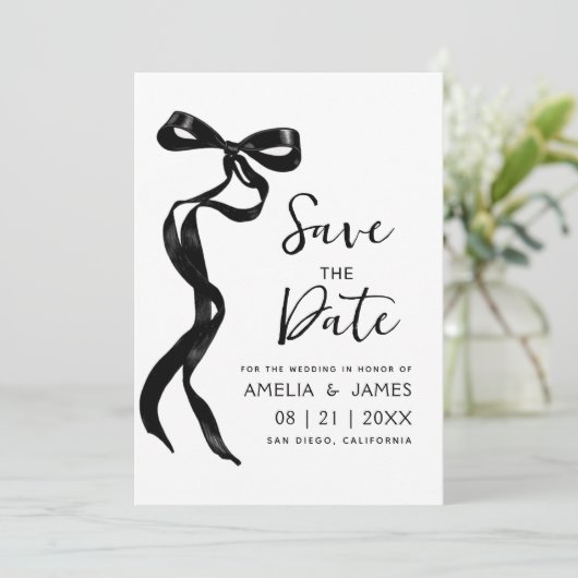 Zwart strikje lint Save the date bruiloft Kaart (Staand voorkant)
