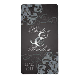 Zwart Swirl Silver Jeweled Wedding Wine Label