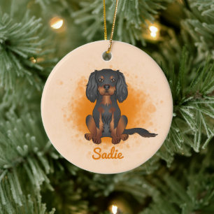 Zwart & Tan Cavalier King Charles-hond op oranje Keramisch Ornament