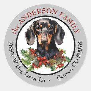 Zwart Tan Dachshund Hond Kerstmis Retouradres Ronde Sticker
