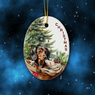 Zwart Tan Dachshund Hond Rieten Mand Kerstmis Keramisch Ornament