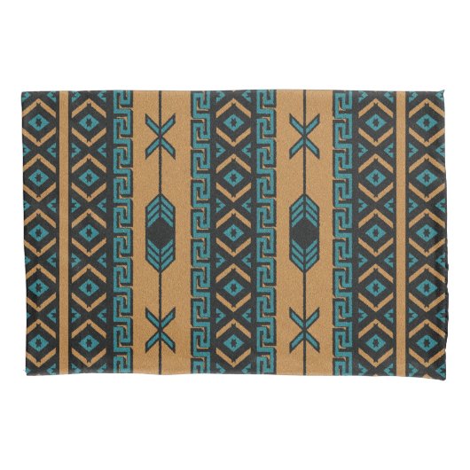 Zwart Tan en Turquoise Azteeks Patroon Kussensloop (Voorkant)