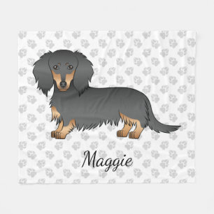 Zwart & Tan Langharige Dachshund Cartoon Hond & Na Fleece Deken